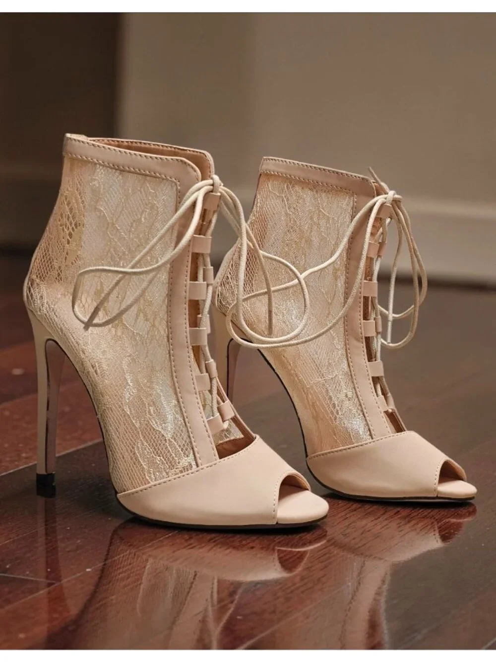 Peep Toe Lace-Up Stiletto Booties With Sheer Lace Panels Nude Beige High Heel An - Picture 5 of 12